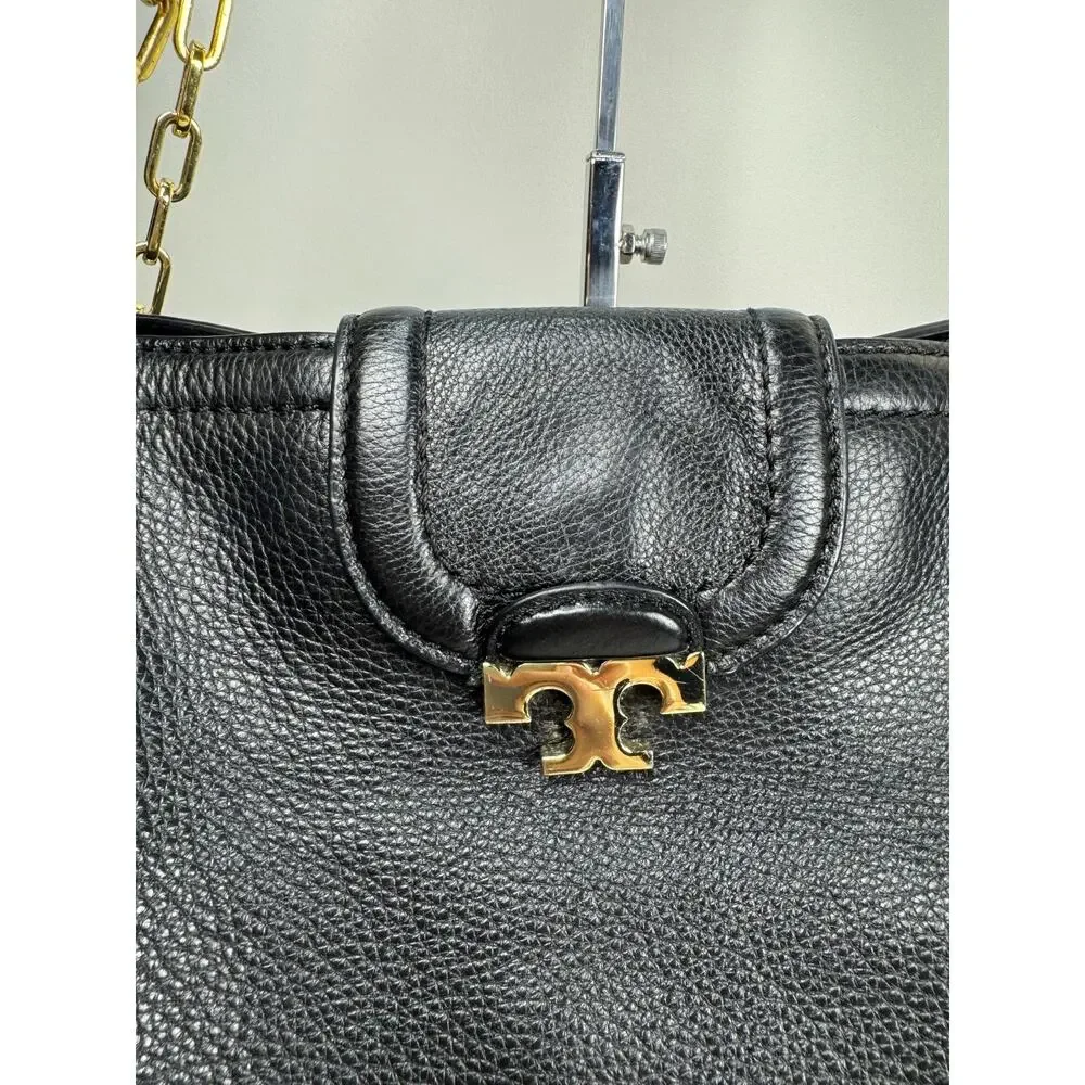 Tory Burch Amanda Black Pebbled Leather Hobo Satchel Shoulder Bag Gold Chain T